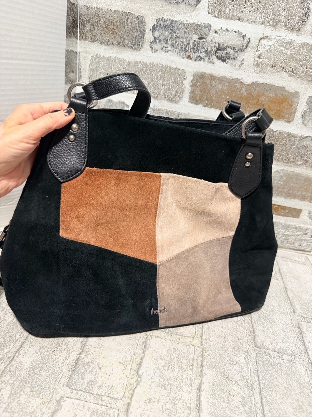 The Sak Black Suede Colorblock Patchwork Tote Shoulder Bag Leather Straps Boho